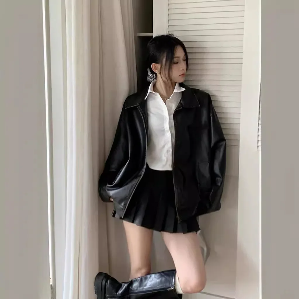Vintage Leather Jacket Women\'s 2024 New Spring High-end Loose Lapel Pu Leather Jacket Top Loose Long Sleeves