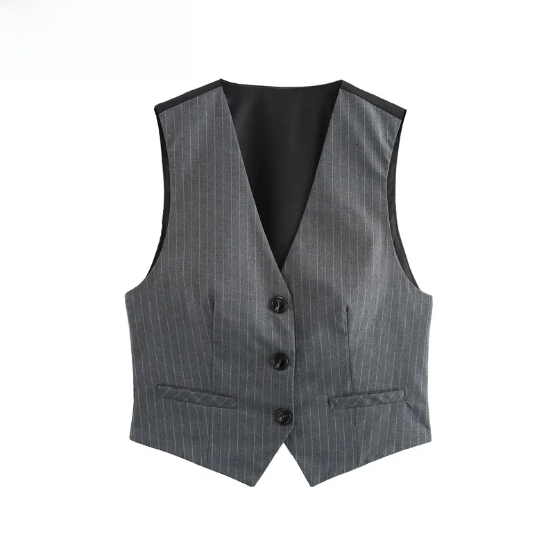 

ZBZR Spring New Women's Faion Casual ey Stripes Vest Versatile Polyester Fiber V-ne ort Length Single Button Closure