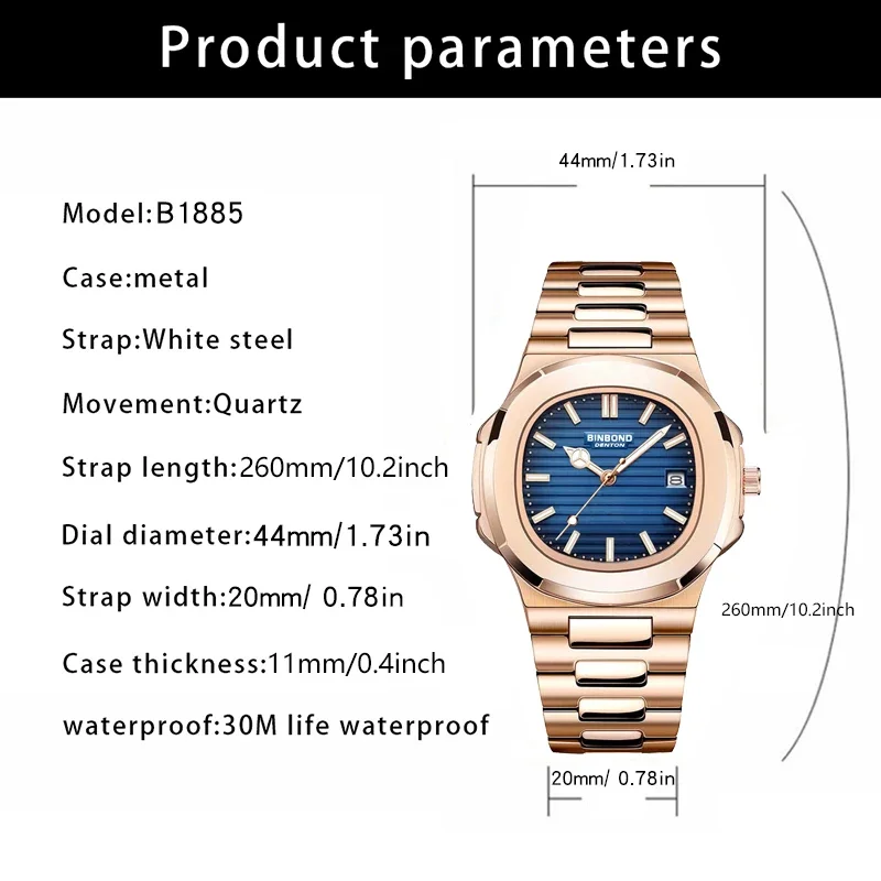 New Casual Business Rose Gold Clock Men Luxury Watch Automatic Watches Mens Top Fashion Quartz Wristwatches Gifts Reloj Hombre