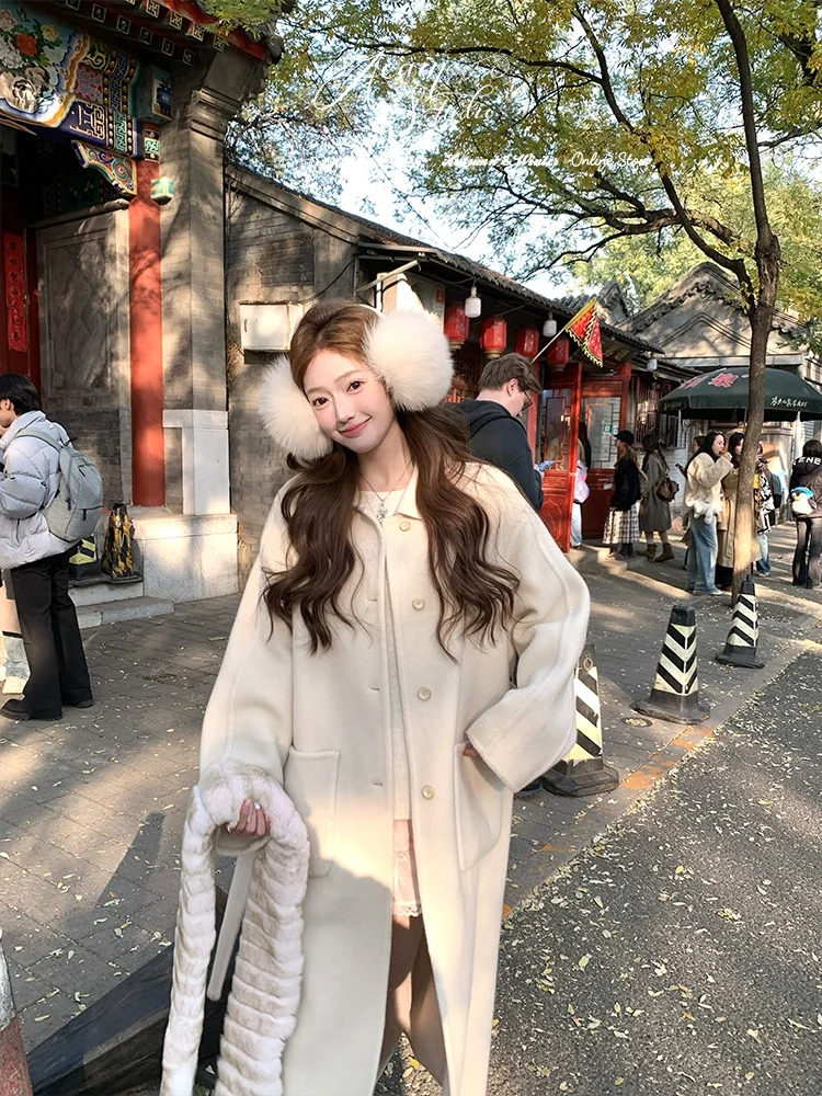 

Acaine Double-Faced Wool Long Coat Pure Color Women's Korean Sle Loose Slimming Outerwear Winter Faion Ladies Coat