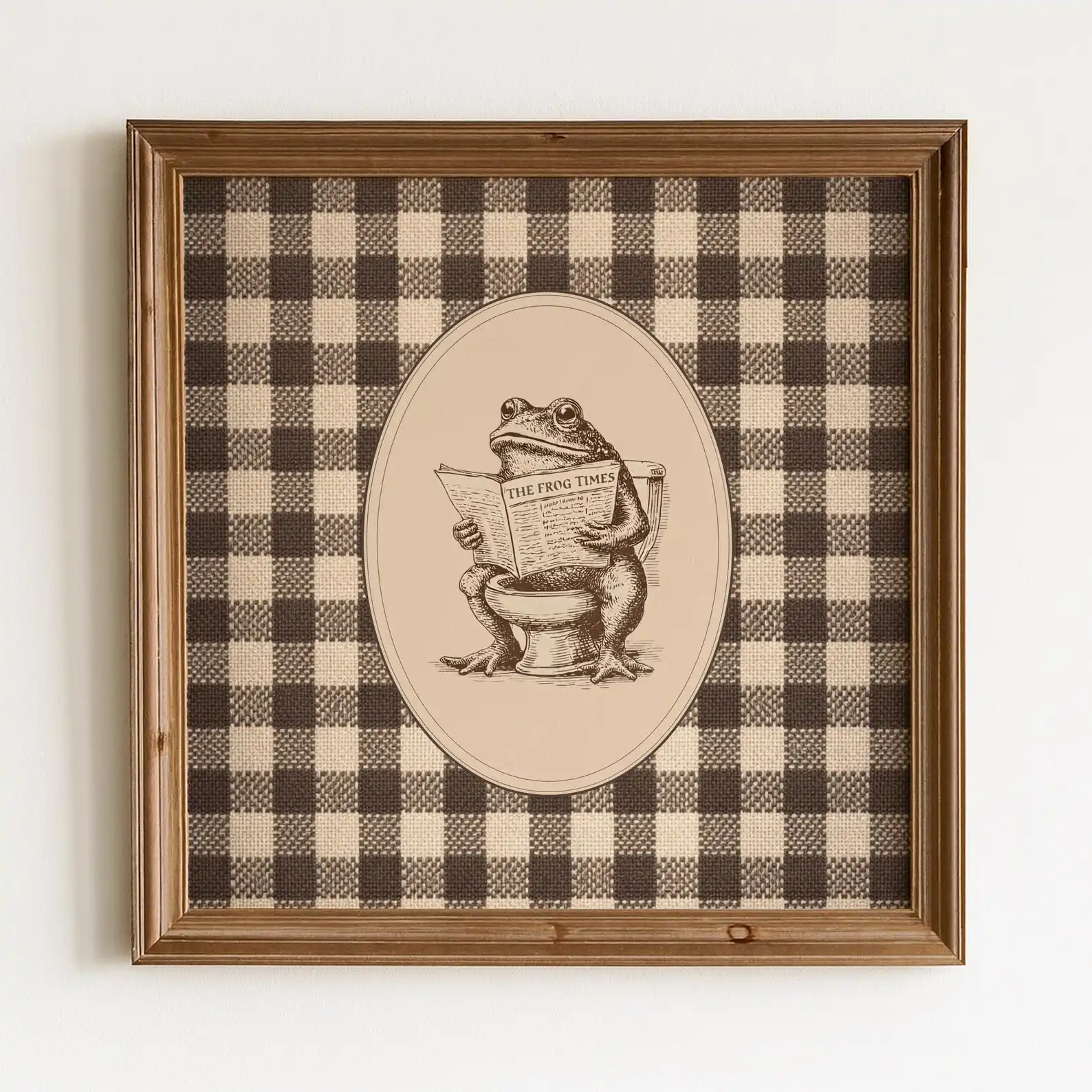 Funny Bathroom Vintage Frog On Toilet Poster, Frog Sketch, Checkered Vintage Wall Art, Bathroom Wall Art, Frog Reading Newspaper