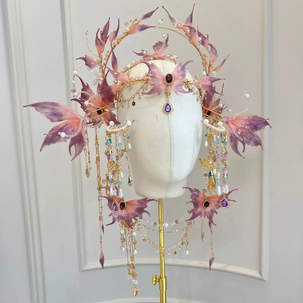 Chinese Style Butterfly with Tassel Hair Crown Hair Accessories Hanfu Ancient National Elements Tie Series High Value Hair Band