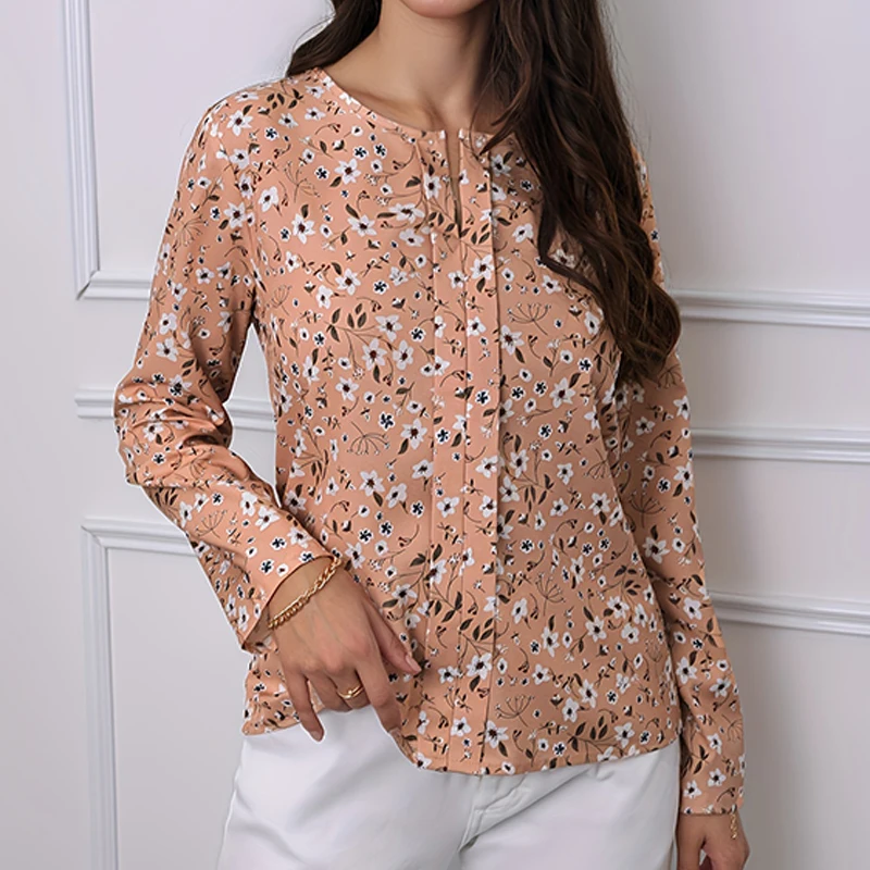 2024 Women\'s shirt small floral print design round neck fashion long sleeve shirt summer and autumn breathable fiber new standar