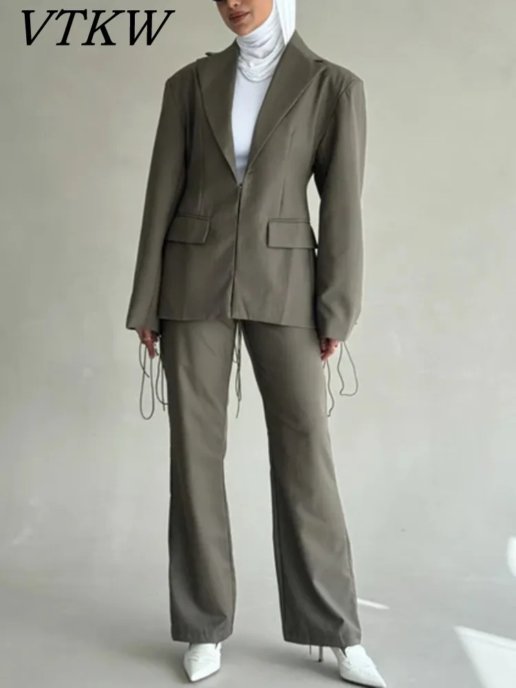 

VTKW Arrival Dark Brown Oversized Blazer With Flared Pants Set Muslim Women Modest Elegant Commuting Office Wear