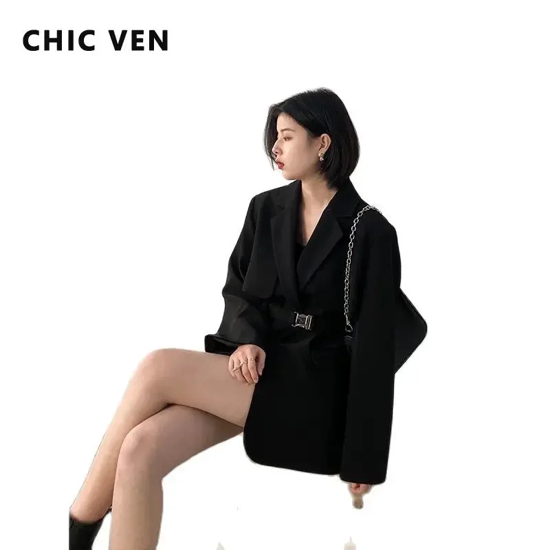 CHIC VEN Women Blazer Black Solid Belt Long Sleeve Casual Overcoat Female Tops Office Lady Women's Clothing Spring Autumn 2023