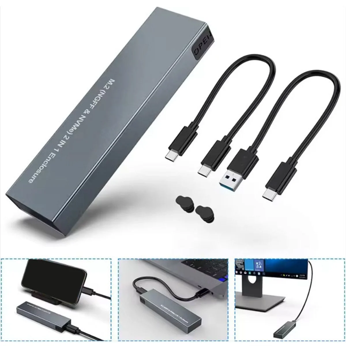 NEUES Dual Protocol M.2 NVMe SSD-Festplattengehäuse 10 Gbit/s USB3.1 Gen2 NVMe-Gehäuse, M2 SATA SSD-Gehäuse für 2230/2242/2260/2280 B