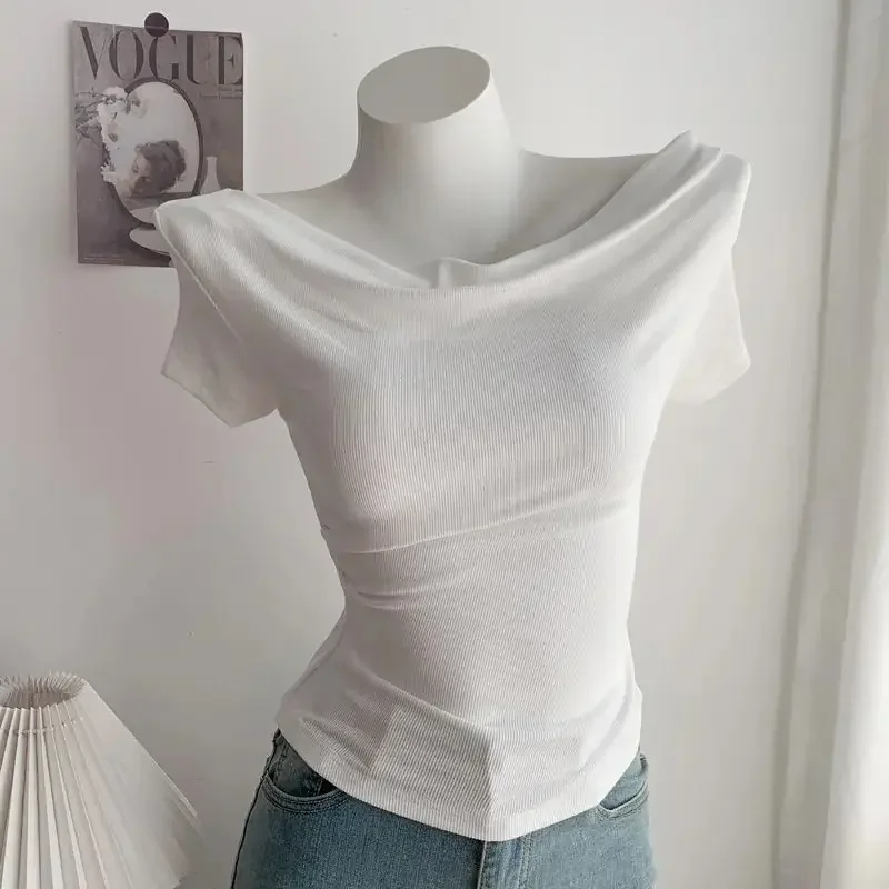2025 Summer Pleated Irregular Thread Off-shoulder Swing Collar Short-sleeved T-shirt Niche Design Pure Hot Girl Tops
