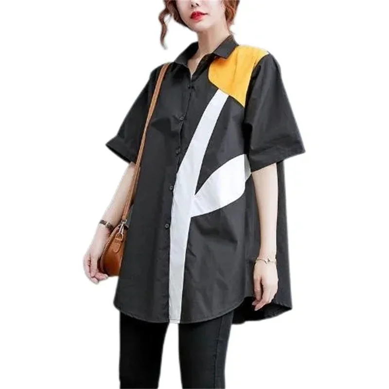 

Short-Sleeved Shirt Female 2024 New Summer Thin Stitching Chic Design Sense Niche Loose Korean Temperament T-Shirt