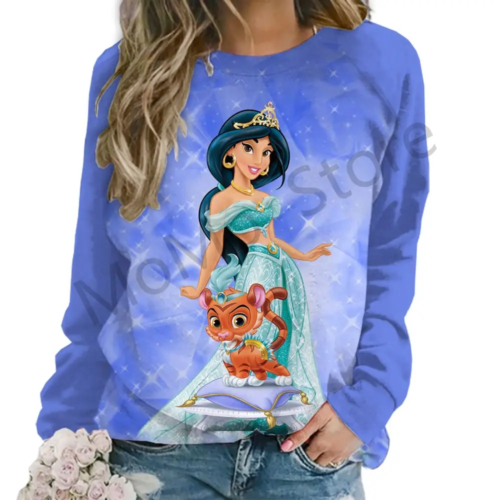 Women\'s Long Sleeve Sweatshirts O Neck Disney Princess Kawaii Clothes Fashion New Street Wear Streetwear Party Autumn 3D Print