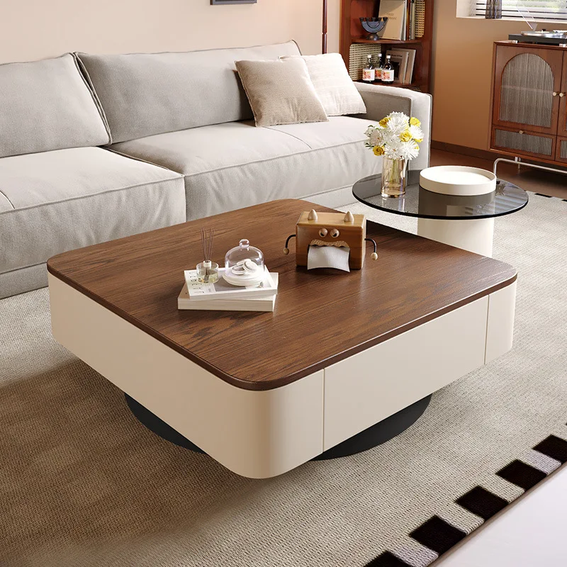 Modern minimalist square walnut coffee table with drawers for the living room