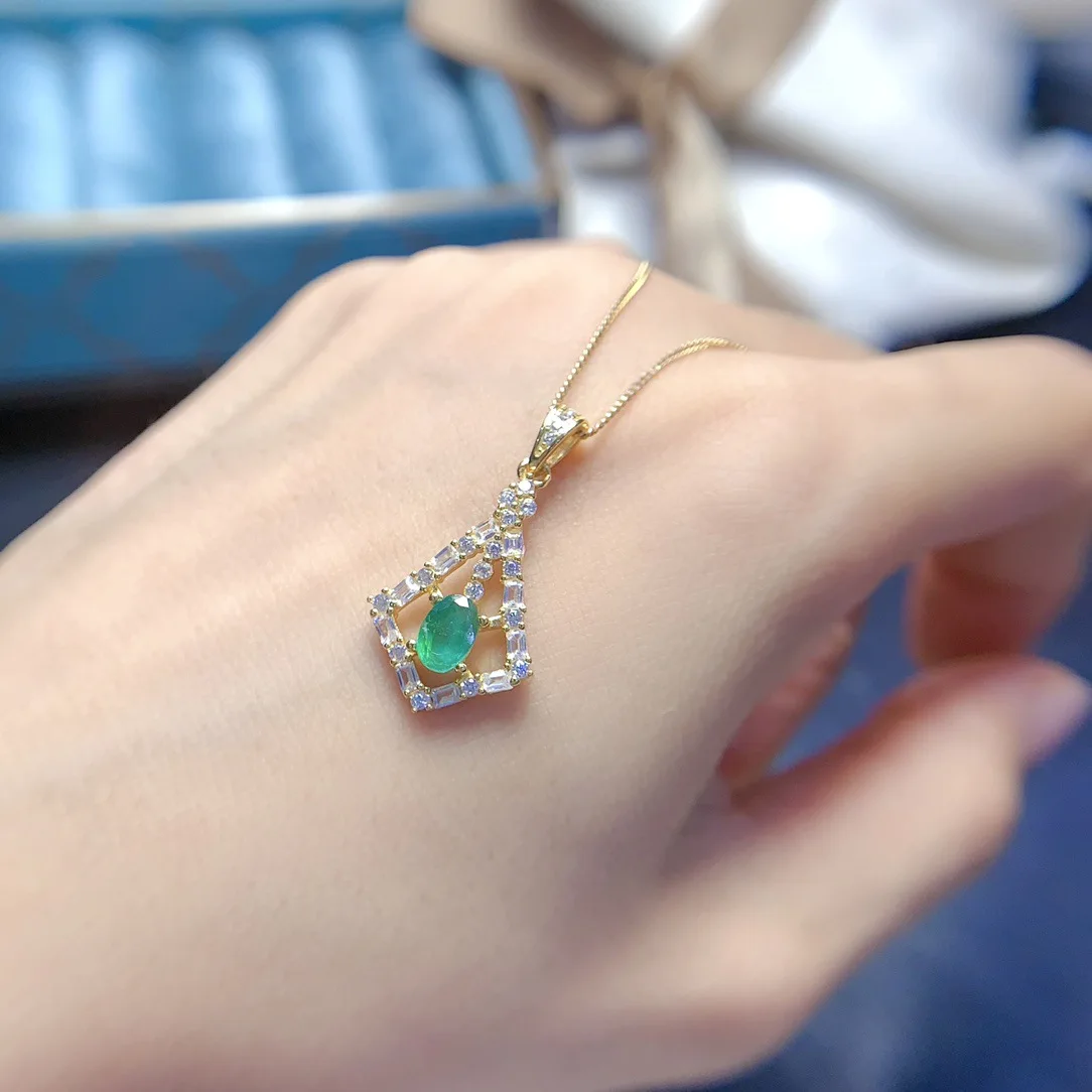 Natural Emerald Pendant Necklace, S925 Silver Setting 4*6mm Main Stone, Geometric Hollow Halo Design, With Silver Chain