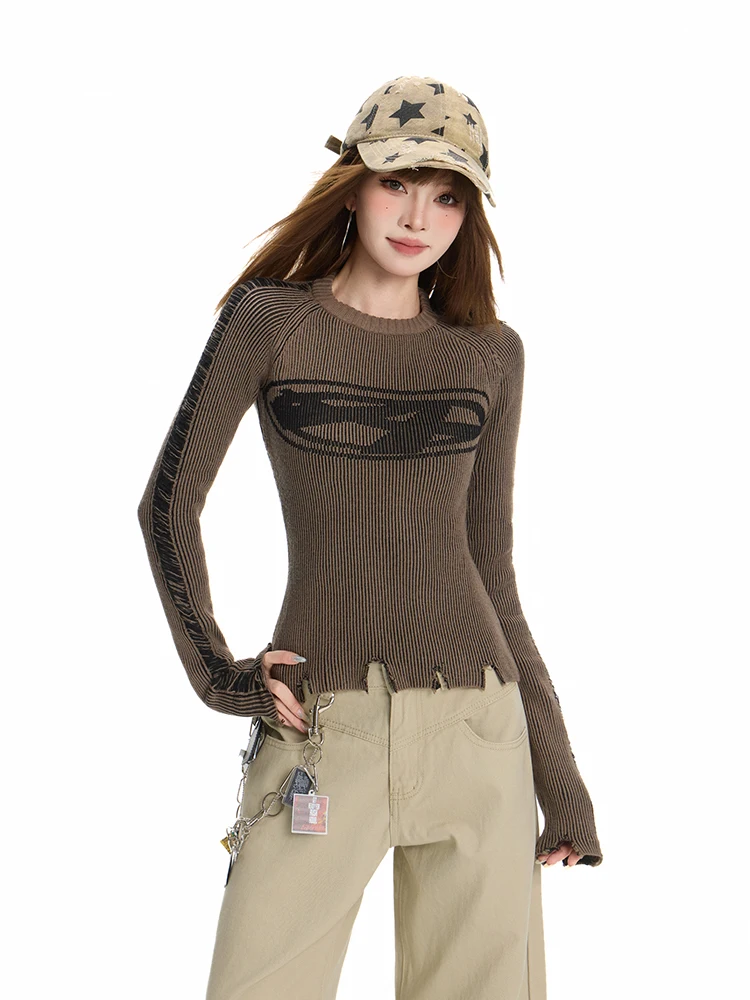 Retro Early Autumn Women's Long Sleeve T-Shirt Distressed Base Layer Clothing Vintage Style Irregular Culture Slim Fit Should...