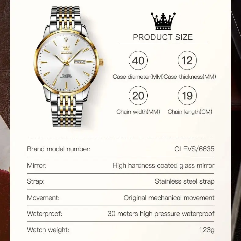 ساعة OLEVS 6635 Business All Automatic للرجال ماركة أصلية فاخرة ساعة ميكانيكية من الفولاذ المقاوم للصدأ بتقويم مقاوم للماء للرجال