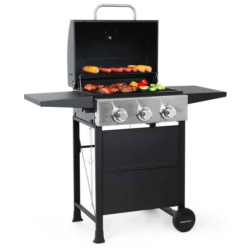 

3 Burner BBQ Propane Gas Grill, 472 Sq. In. Cooking Area, 30,000 BTU Stainless Steel Barbecue Grill with Two Foldable Shelves