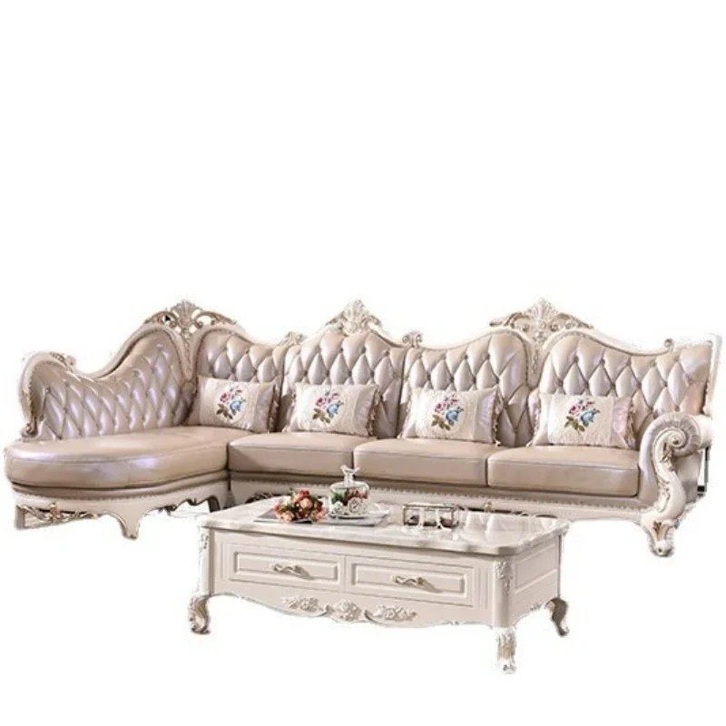 

European top-layer cowhide chaise sofa combination villa living room leather solid wood carved post-modern light luxury sofa