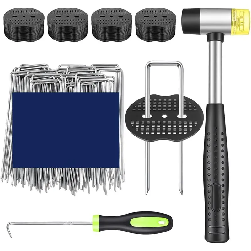 

IALJ-Landscape Fabric Stakes 100Pcs Gaske + 1Pcs Pick Hook+1Pcs Rubber Mallet, Staples 6 Inch For Gardening Landscaping