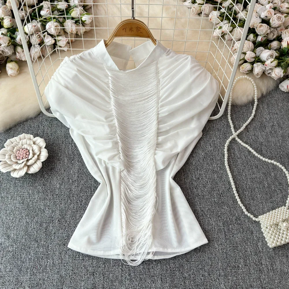 Elegant Sexy Stand Collar Basics Sleeveless Padded Shoulder Chic Pleated Top Women Korean Fashion Streetwear Summer Clothing