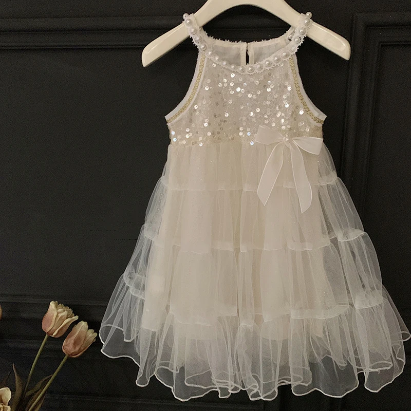 Kids Girls Cute Mesh Dress Halter Patch Pearls Sleeveless A-Line Fluffy Vestidso 2-8Y Children Summer Fashion Sequins Frock