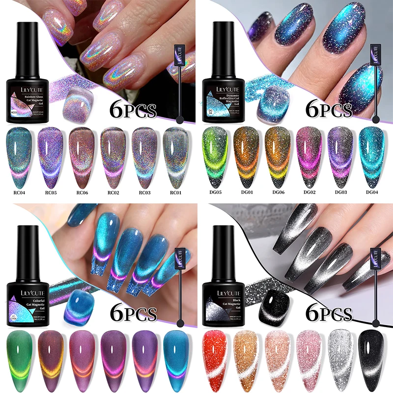 

LILYCUTE 6 шт., 7 мл, блестящий Радужный стеклянный магнитный гель-лак для ногтей с магнитной палочкой, полуперманентный набор УФ-геля для замачивания