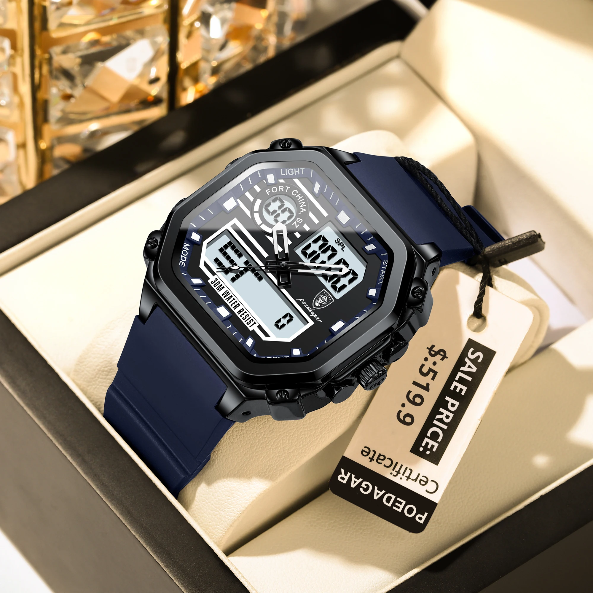 

POEDAGAR Square Sports Men Watch Waterproof LED Luminous Week Date Man Wristwatch Silicone Strap Electronic Quartz Men's Watches