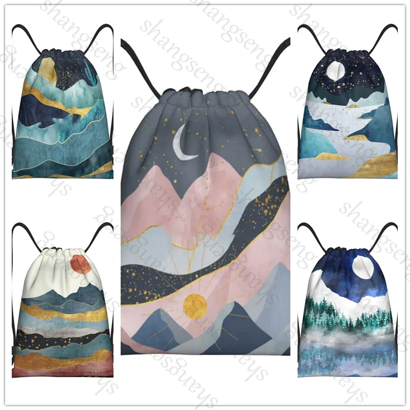 Oil Painting Mountain Forest Bicycle backpack gym drawstring shoe bag multifunctional sports bag beach travel backpack kids gift