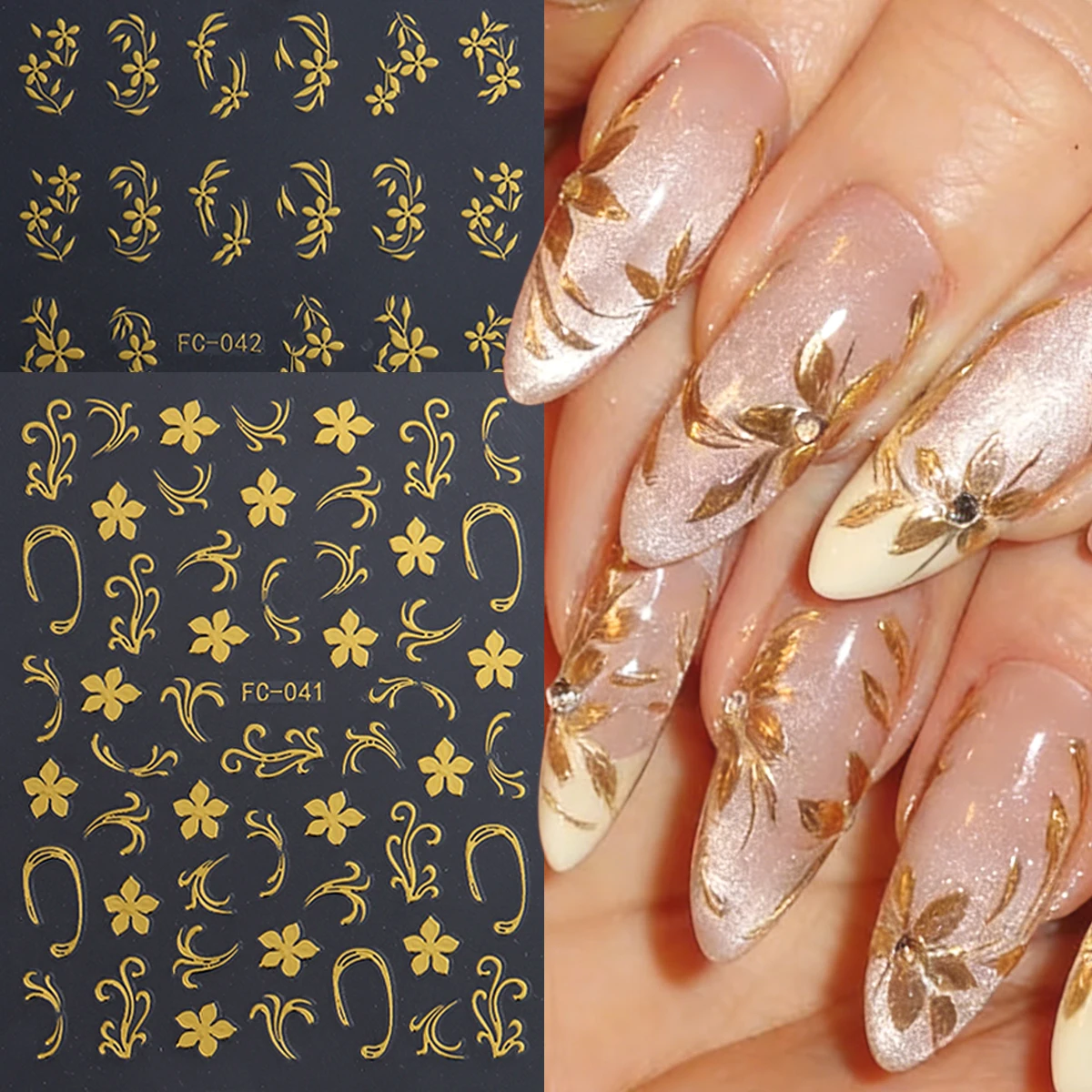 Gold thread floral nail stickers, small gold, silver, red and white flower nail art decorations, New Year and spring nail decals
