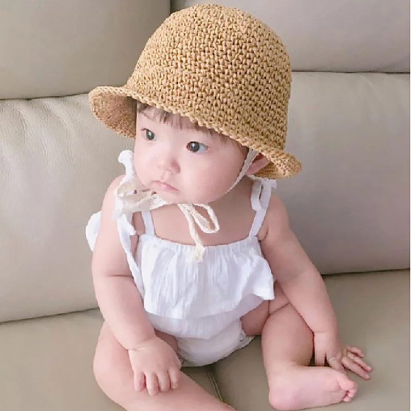 Cute Summer Kids Straw Sun Hats Wide Brim Girls Boys Beach Hat Children Funny Cap With Lace Windproof Cord Hat