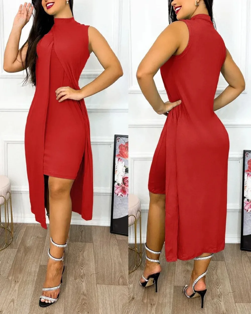 Women's Casual Sleeveless Irregular Dress, Solid Round Neck, Sleeveless Split Dress, Summer Fashion, 2024