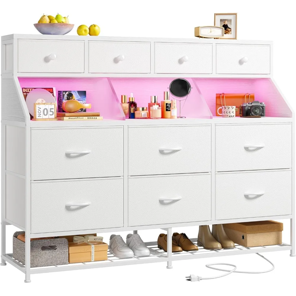 

Dresser for Bedroom with 10 Drawers & Shoe Rack Fabric Dressers & Chests of Drawers with LED Lights and Power Outlets Bedroom Dr