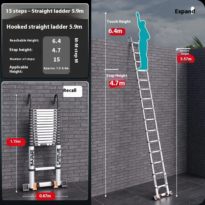Telescopic straight ladder with hooks and wheels, thickened aluminum alloy, easy to store household ladder, engineering ladder - view 3