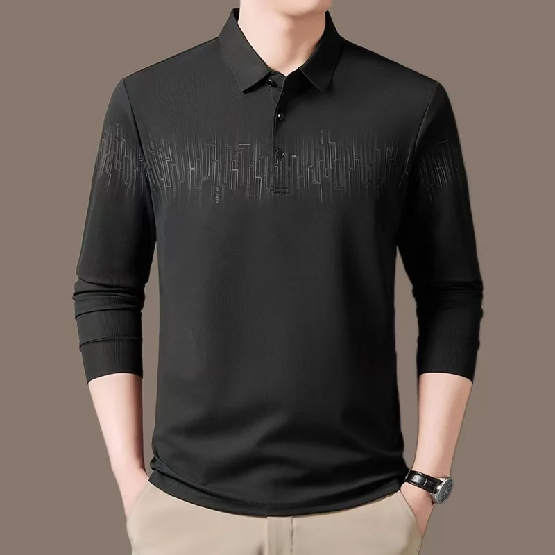 

New Long-sleeved T-shirt Men in Spring and Autumn Printing Simple Elegant and Versatile Middle-aged Lapel Pullover Top
