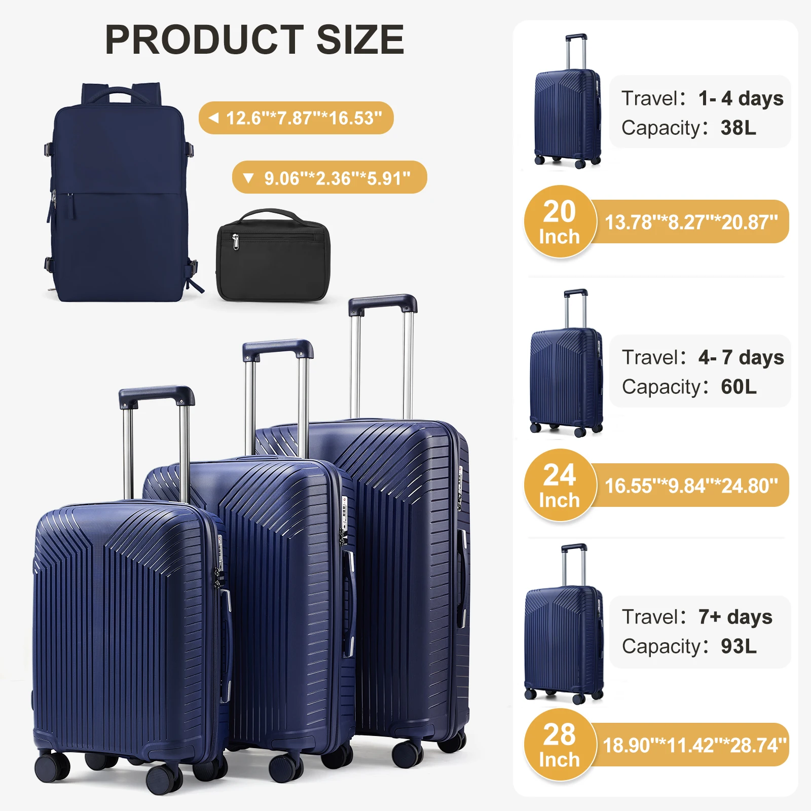 5PCS Travel Luggage Suitcase Sets with Backpack Toiletry Bag, Large Carry On Trolley Case 20 24 28 Inch, Boarding Cabin Suitcase