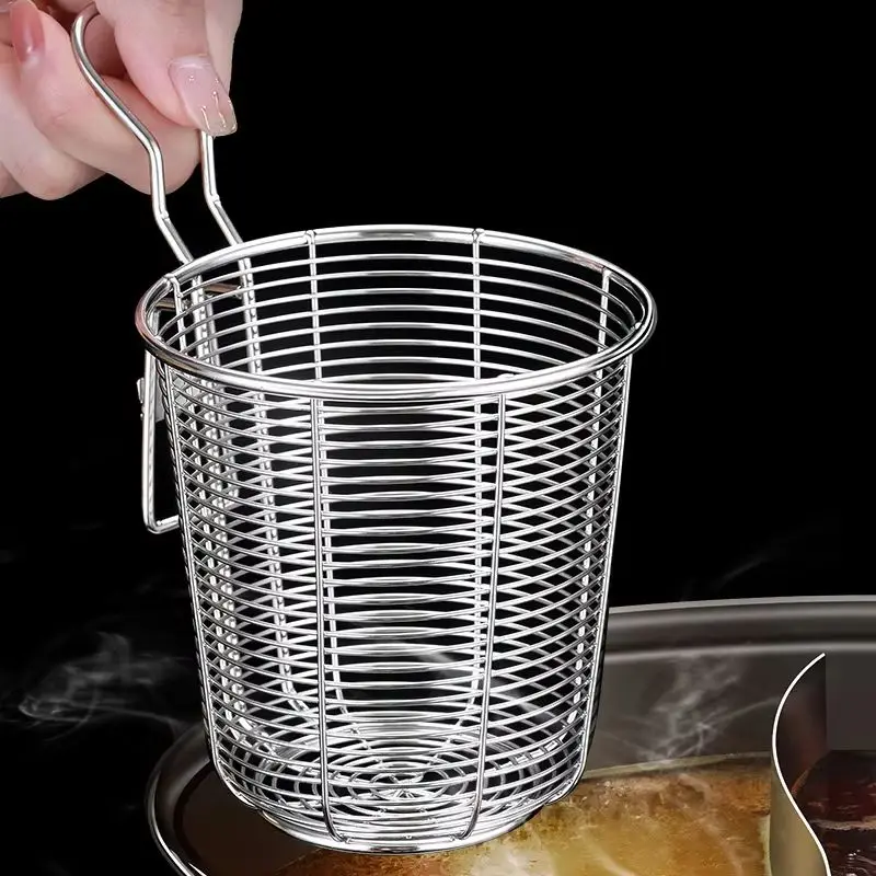 

304 Stainless Steel Frying Filter Basket Multifunctional Strainer Foldable Long Handle Colander for Wash Vegetables Kitchen Tool