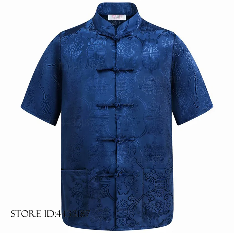 Oversize Men Chinese Shirt Kung Fu Coats Traditional China New Year Tang Suit Tops Summer Short Sleeve Jacquard Jacket Hanfu 3XL