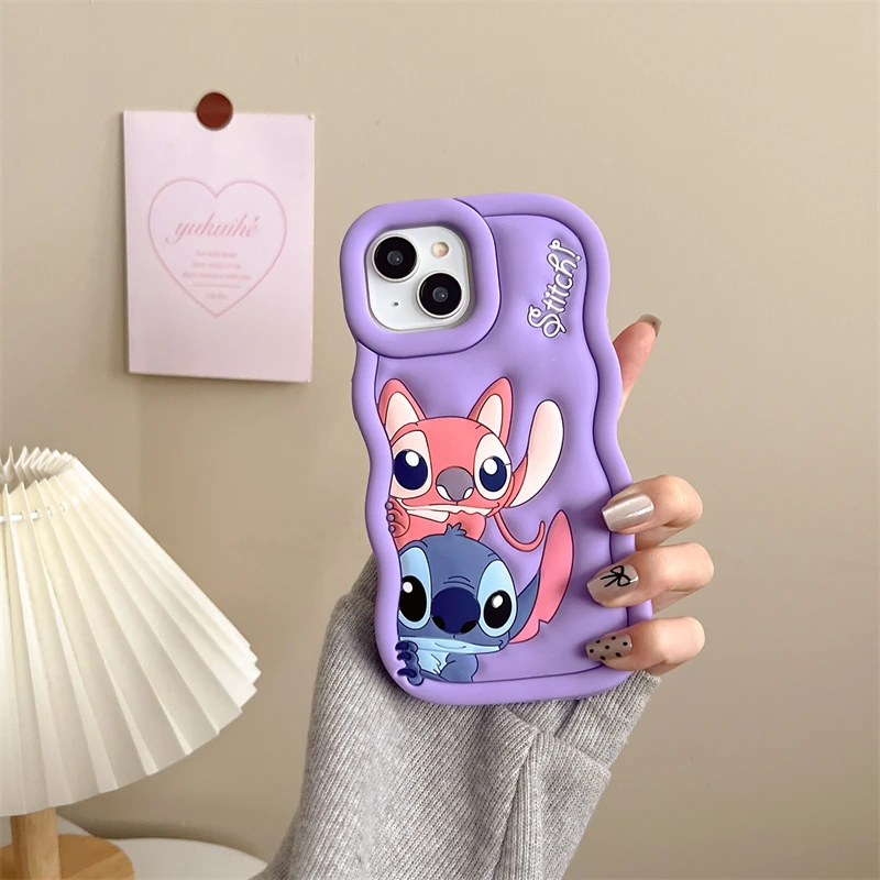 For iPhone 15 14 Plus 13 12 Pro Max 11 X Xs 3D Stitch Couple Phone Case So Cute Wave Side Luxury Cartoon Soft Silicone Cover