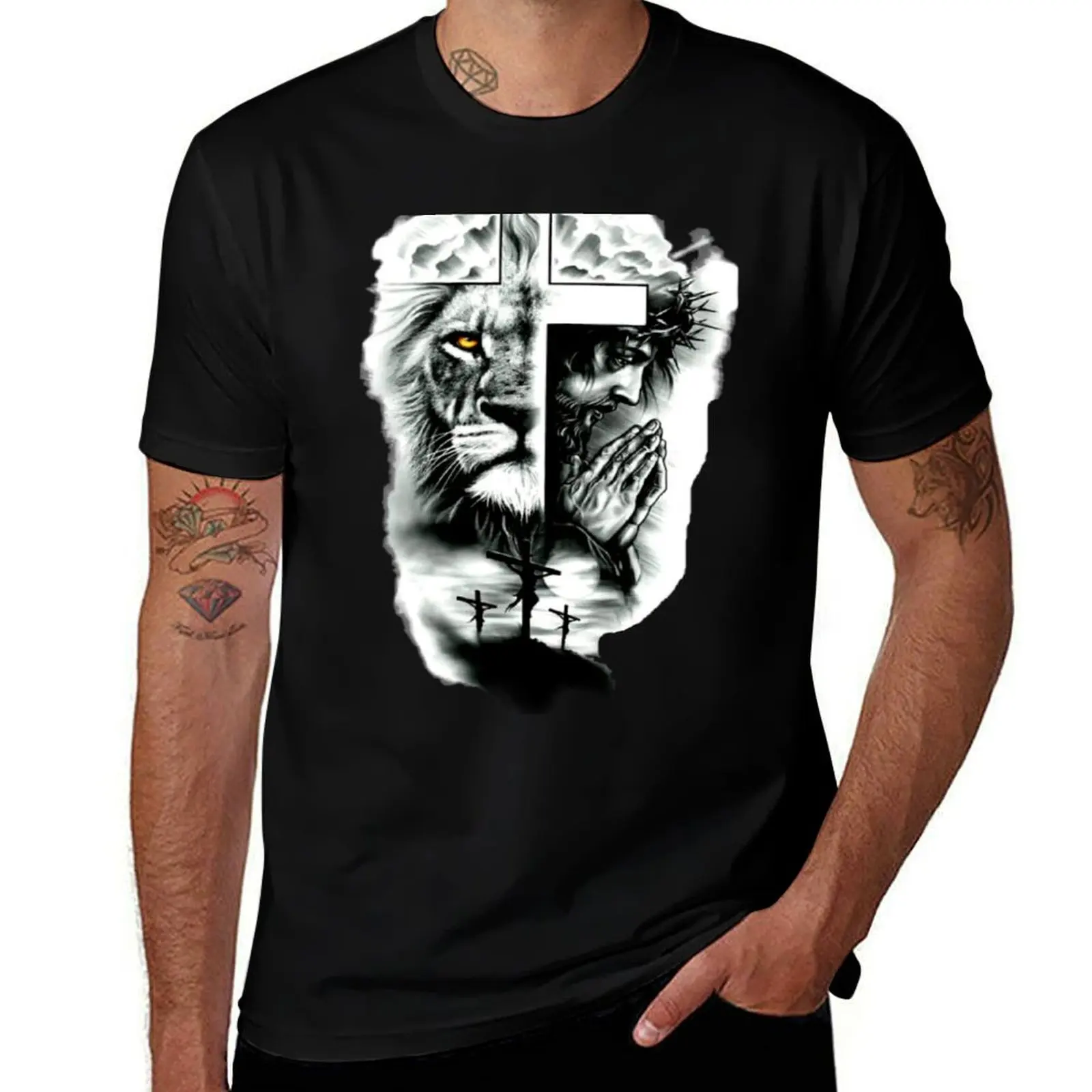 Christian Art-jesus the cross Lion of judah T-Shirt Casual Basic Short Sleeve T-Shirt