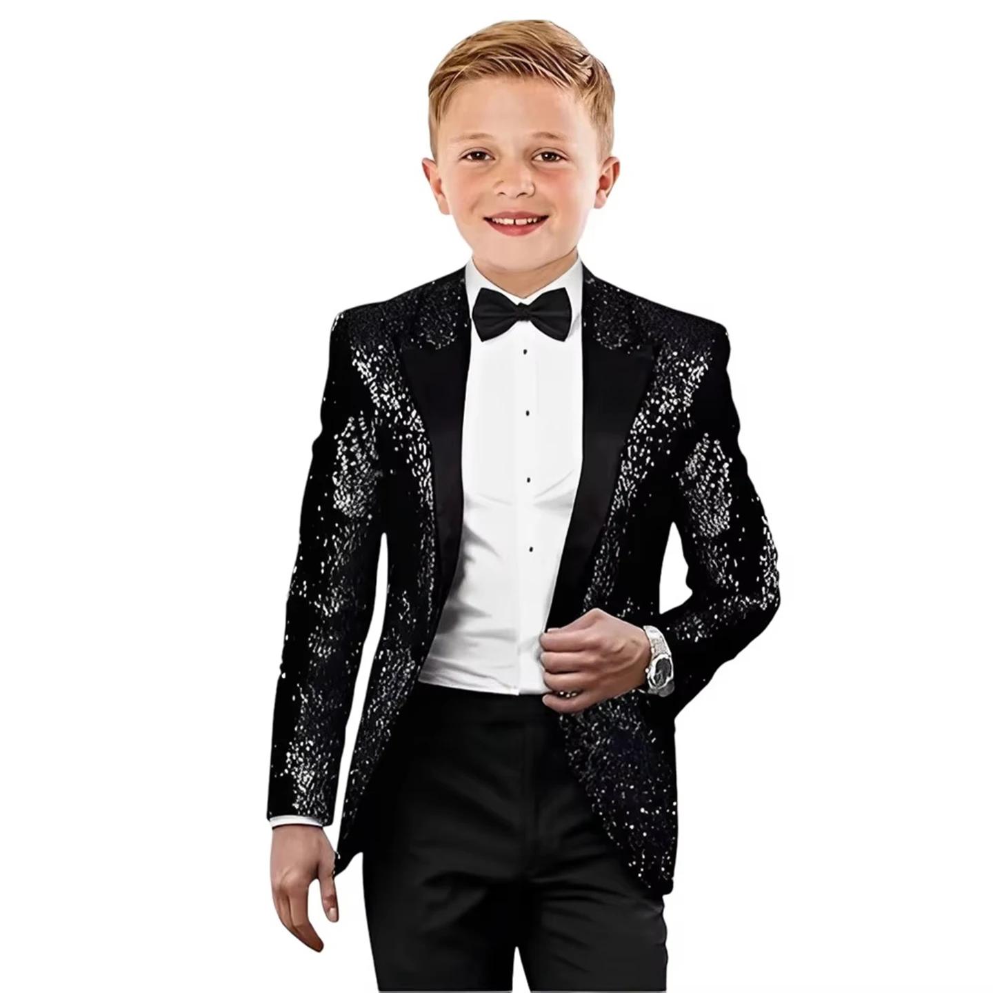 Boys' Glitter Tuxedo Sequin Suit Set 2-Piece Wedding Stage Performance Attire for Ages 3-16