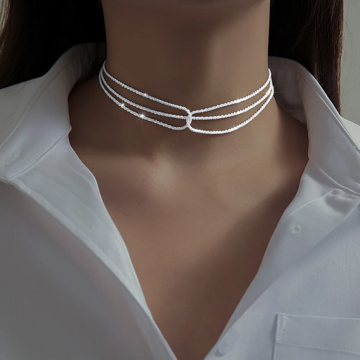 Multi Layer Chain Necklace for Women Shimmering Finish Wrapped Metal Design Polished Trendy Jewelry for Daily Outing