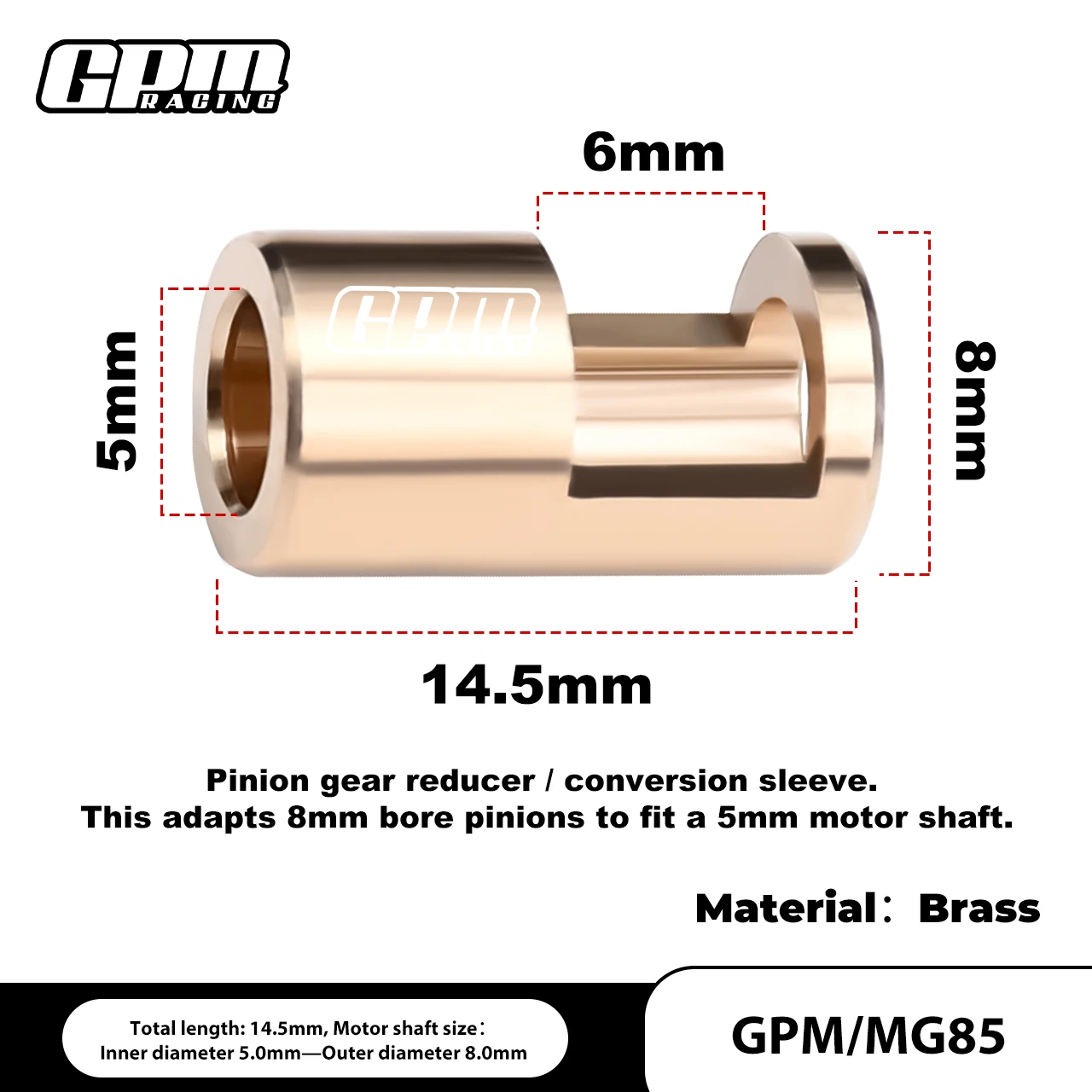 BRASS PINION GEAR REDUCER/CONVERSION SLEEVE（8MM-5MM）