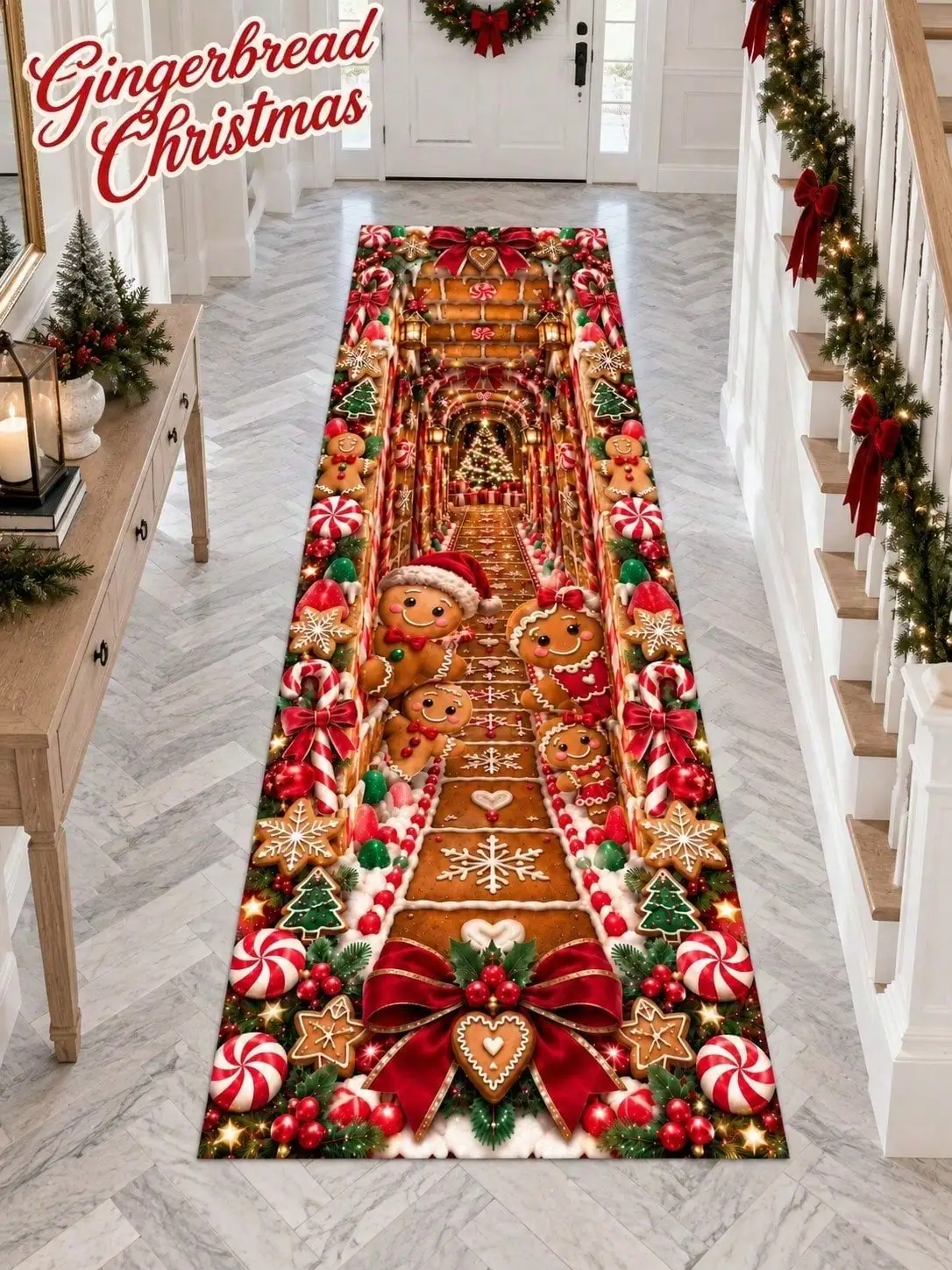 Christmas Aisle Runners Gingerbread Candy Cane Snowflake Runner Rugs Long Carpet Hallway Floor Mat for Entryway Kitchen Living Room Corridor Passage Holiday Home Decor Xmas Party Housewarming Birthday Anniversary Gift for Family Friends Neighbors