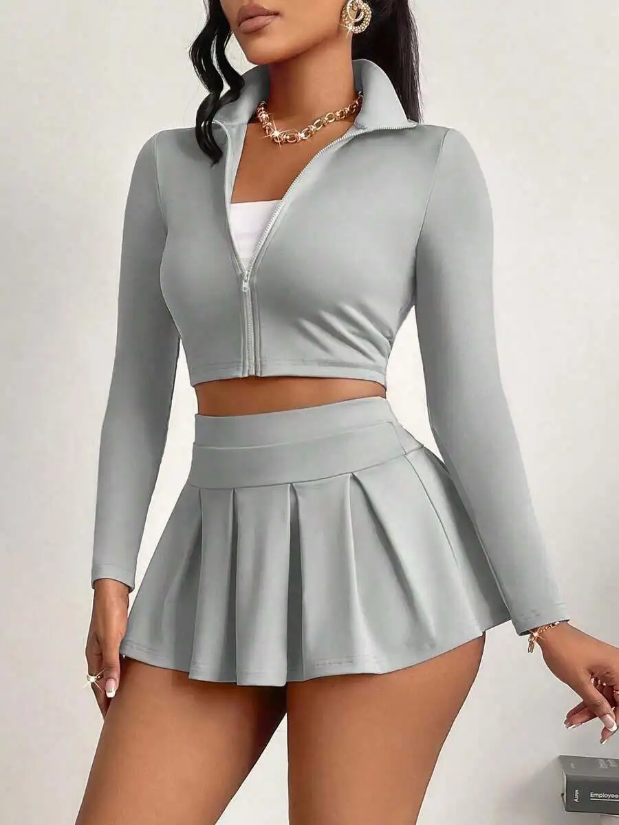 

Womens 2-Piece Set Zipper Crop Top And Pleated Skirt Casual Elegant Sporty Outfit
