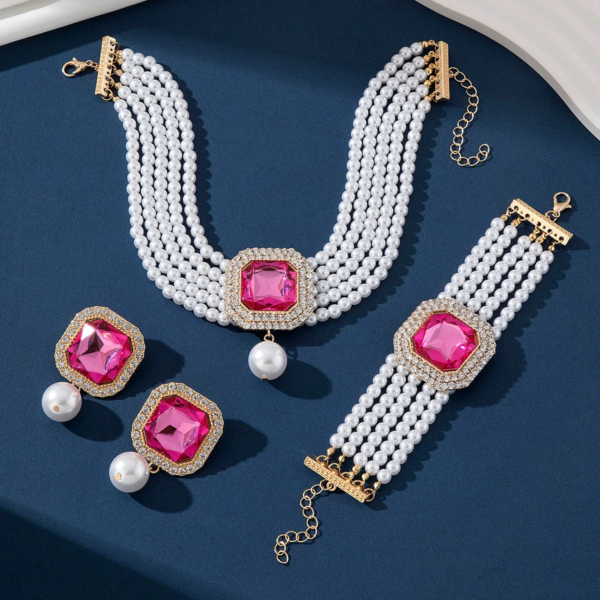 

Elegant Crystal Square Imitation Pearl Necklace Bracelet Stud Earrings Set for Women Choker Jewelry Sets Lady Party Gift