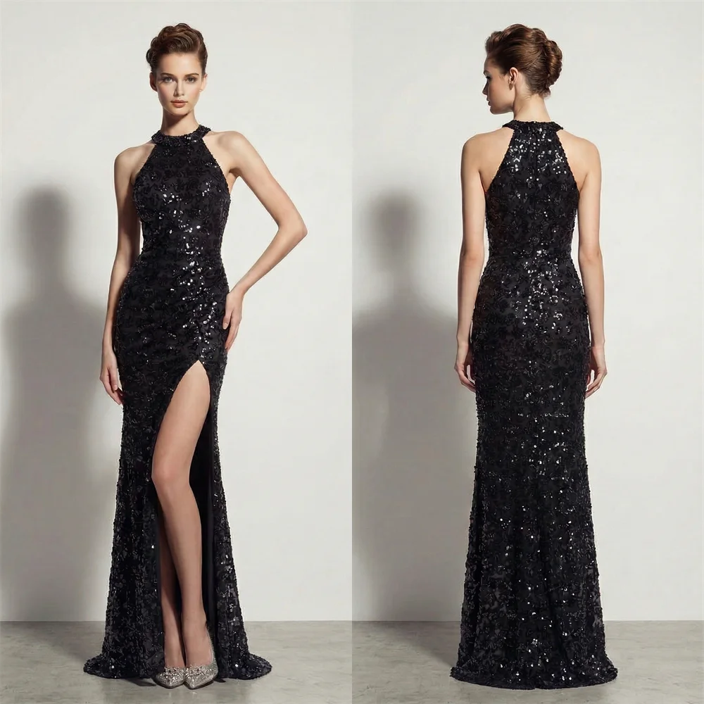 

Women's Long Black Sequin Evening Dresses High Collar Mermaid Women's Evening Gown Trumpet Side Slit Formal Party Dress