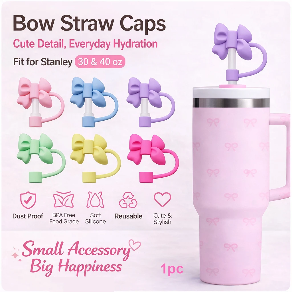Cute Bowknot Straw Cap Accessories for Stanley Cup 30/40 oz Cute Straw Toppers for 9-10 mm Straws Dust-Proof Reusable Straw Cap