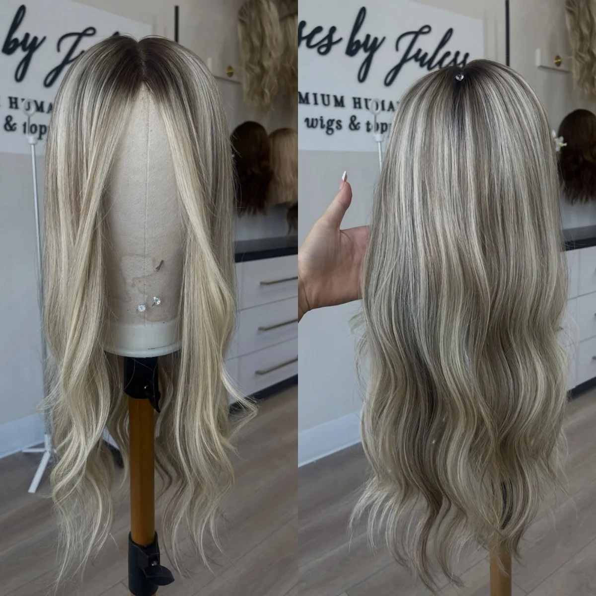 

Реалистичный вид, естественная линия волос, объемная волна, парик Futura, изюминка, пепельно-платиновый блондин, синтетические кружевные фронтальные парики с темными корнями