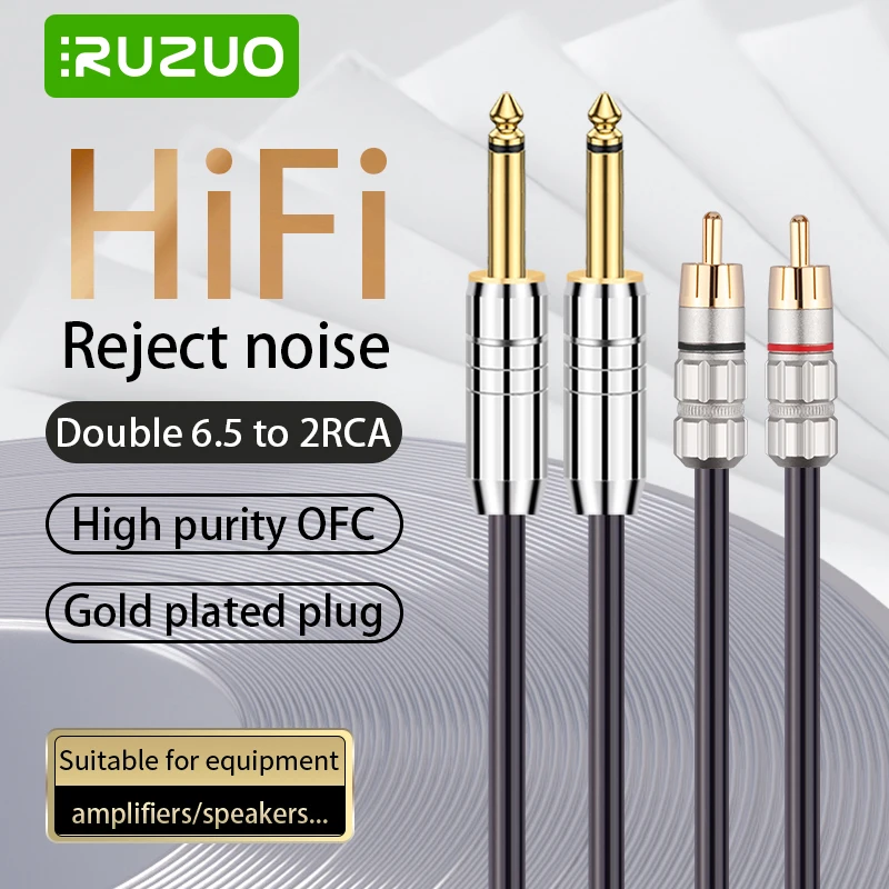 Kabel Audio RUZUO Dual 6.5mm do Dual RCA do konsoli miksera AMP 2RCA do 6.5mm Jack kabel Audio do wzmacniacz sygnału audio 1 m2m