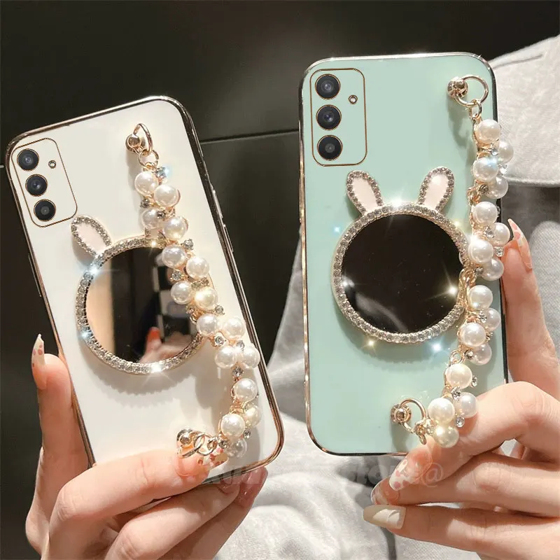 Rabbit Makeup Mirror Electroplated Pearl Wristband Phone Case For Samsung Galaxy Quantum4 A54 Quantum 4 A 54 Silicone Back Cover