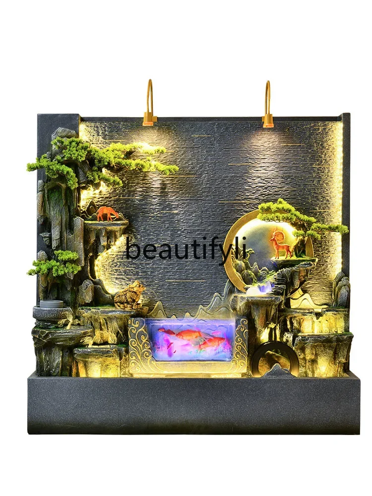 Water curtain wall, fish tank, living room, flowing water fountain, large rockery ornament, circulating water decoration