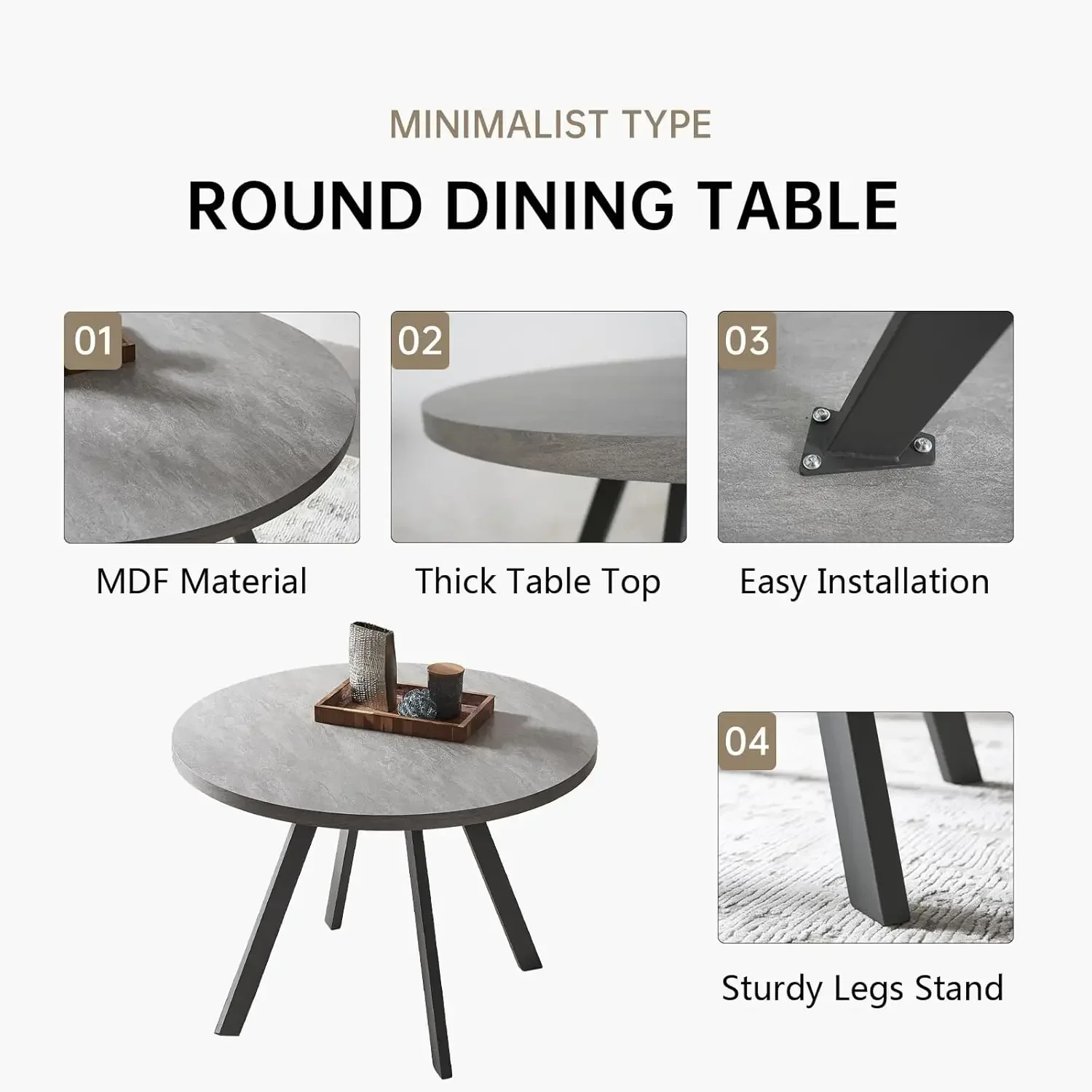 Round Dining Table Set, Mid Century Modern Small Round Dining Table Set, Saving Space (Table + 4 Grey Chairs)
