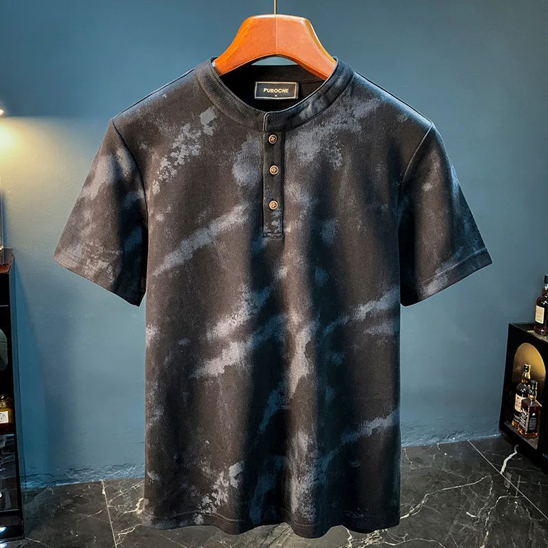 

Retro printed short sleeved T-shirt men's stand up collar button 2025 summer new men's clothing loose casual top
